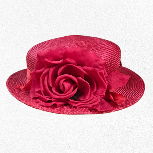 90s Vintage Red Straw Derby Hat with Large Rose Accent Wide Brim Formal Style - Picture 1 of 9